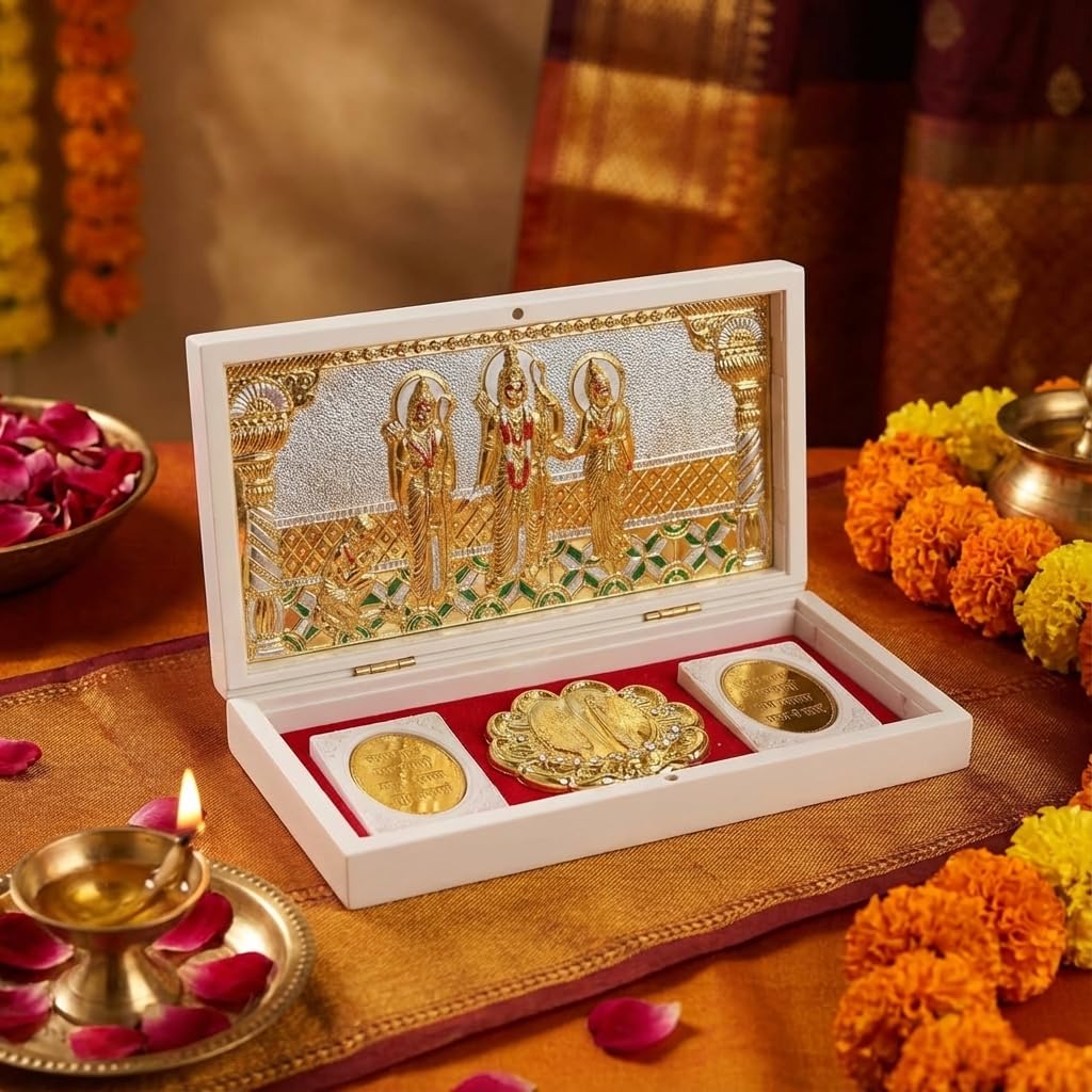 House Of Wemy Gold Plated Ram Darbar Pocket Temple for Wedding/Marriage Gift | Sri Ram, Lakshman, Sita & Hanuman Divine Prayer Boxes with Photo Frame & Charan Paduka (White - 21.3 cm)- Pack of 1