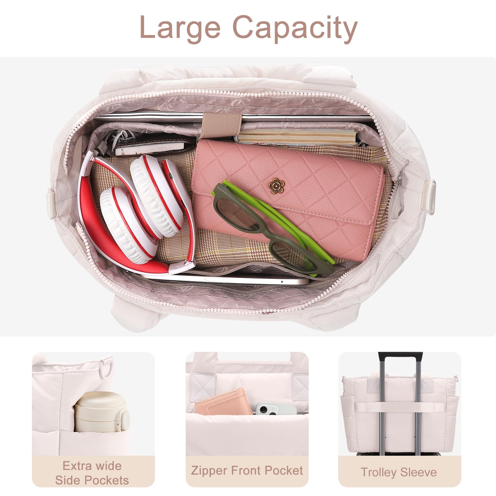 Puffer Tote Bag for Women Quilted Nurse Bag Lightweight Work Bag for Teacher Travel Handbag with Multiple Pockets, Z-large Beige, Large