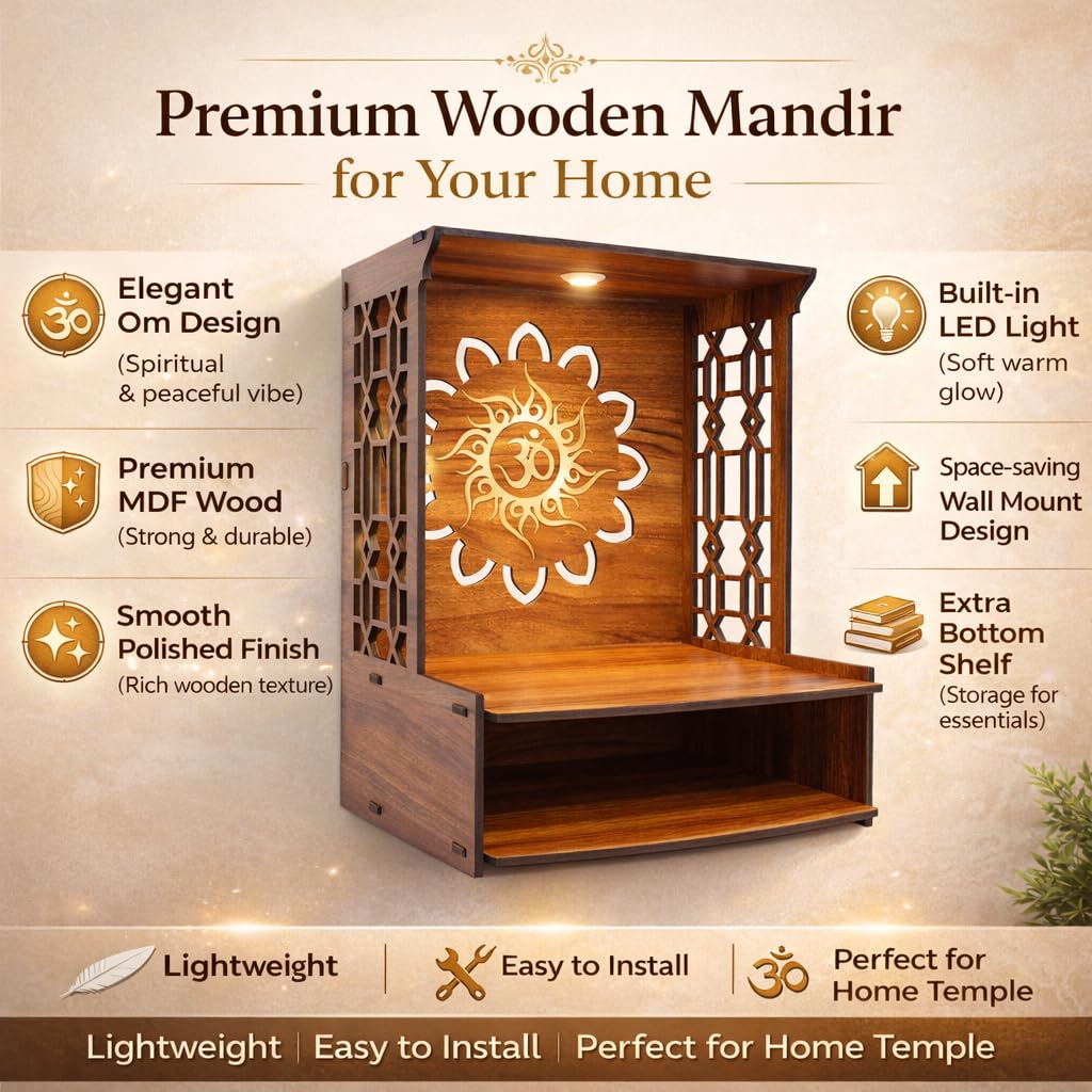 SHIVASHRAY CRAFTS Wooden Pooja Mandir for Home Wall Mounted | Om Design Temple Stand for Home Decor & Office | MDF Puja Stand (15.5 x 11.5 x 11 Inch)