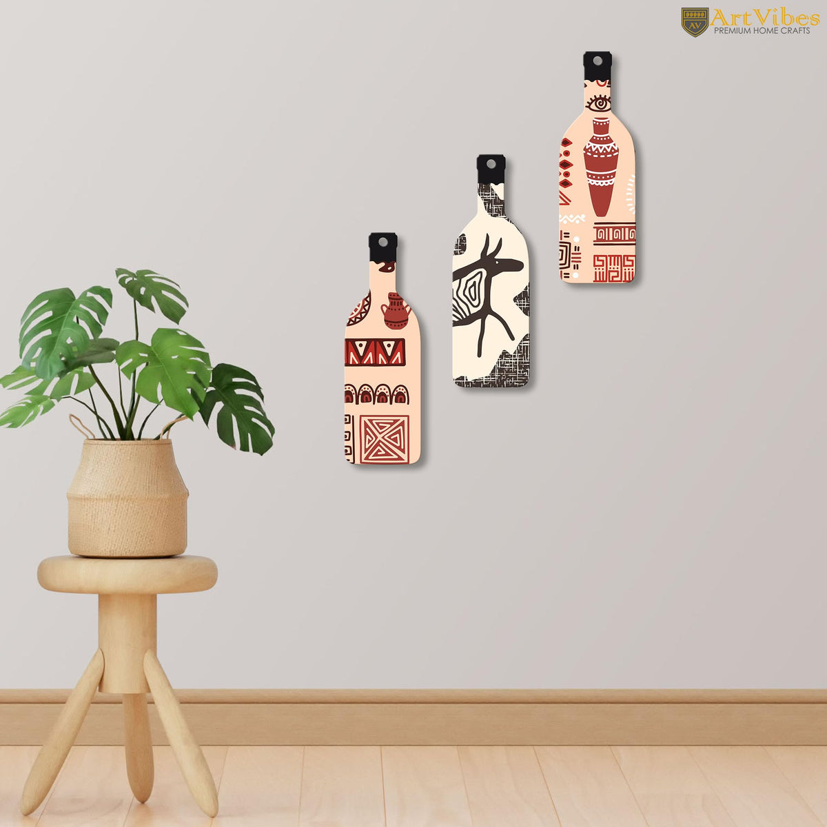 Artvibes African Warli Art Decor Bottle shaped Wooden Wall Hanging | Living Room | Handcrafted Art | Wall Illustrations | Art Prints | Aesthetic Wall Art | Ideal Gifts (WH_9514N), Set of 3