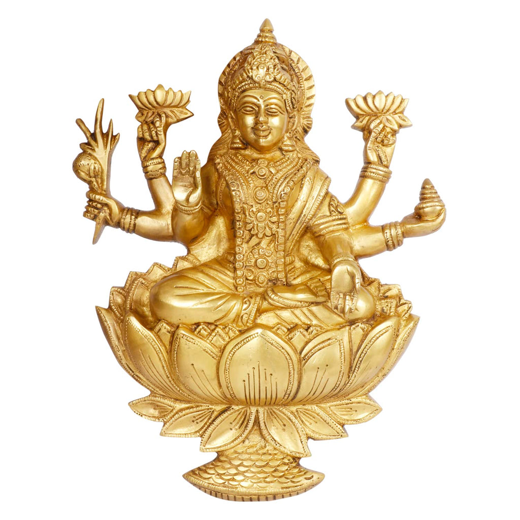ARTVARKO Big Brass Laxmi Murti Lakshmi Wall Hanging Idol Luxmi Goddess Lakshmi Sitting on Lotus Statue in Blessing Postures for Home Puja Mandir Temple Height 12 Inch