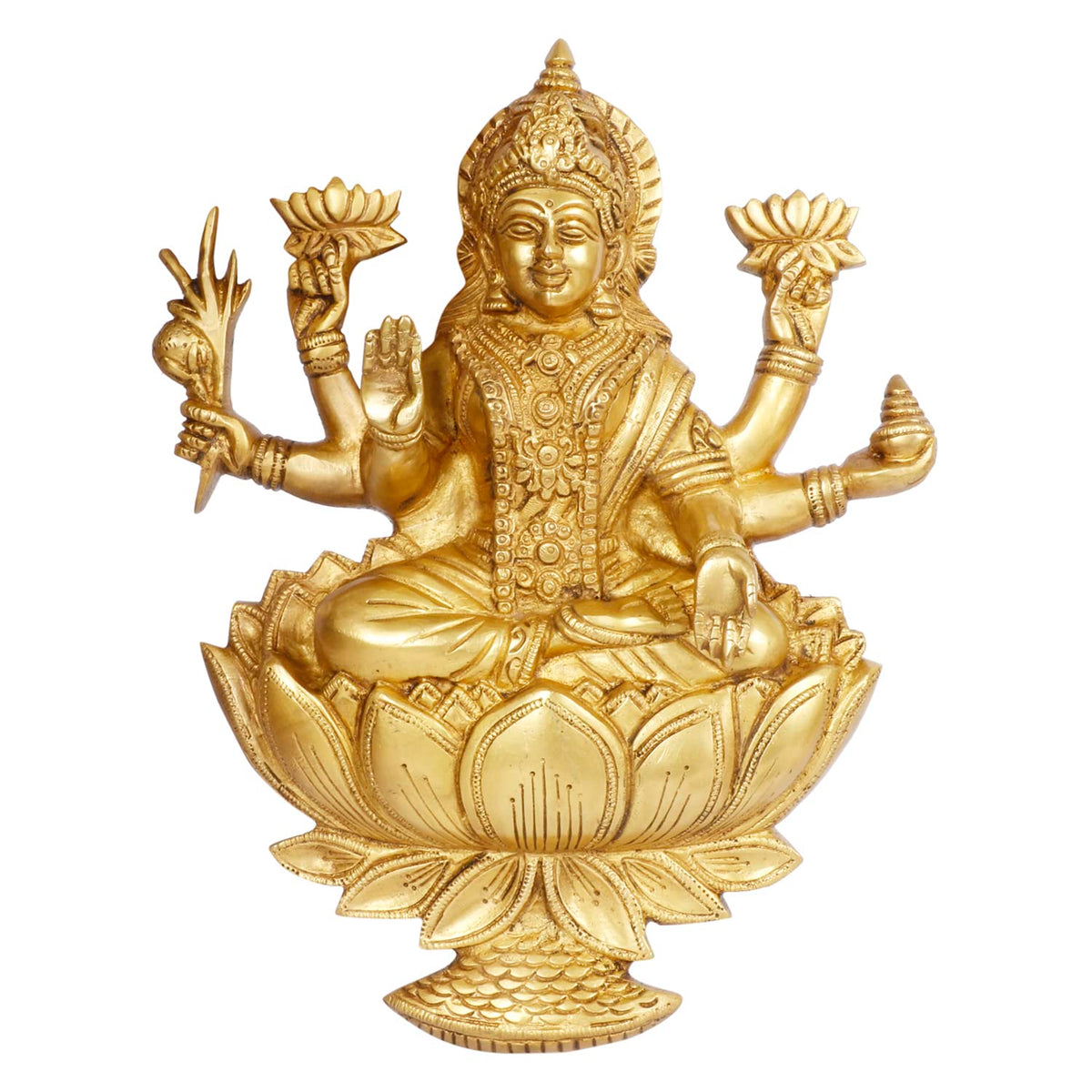 ARTVARKO Big Brass Laxmi Murti Lakshmi Wall Hanging Idol Luxmi Goddess Lakshmi Sitting on Lotus Statue in Blessing Postures for Home Puja Mandir Temple Height 12 Inch
