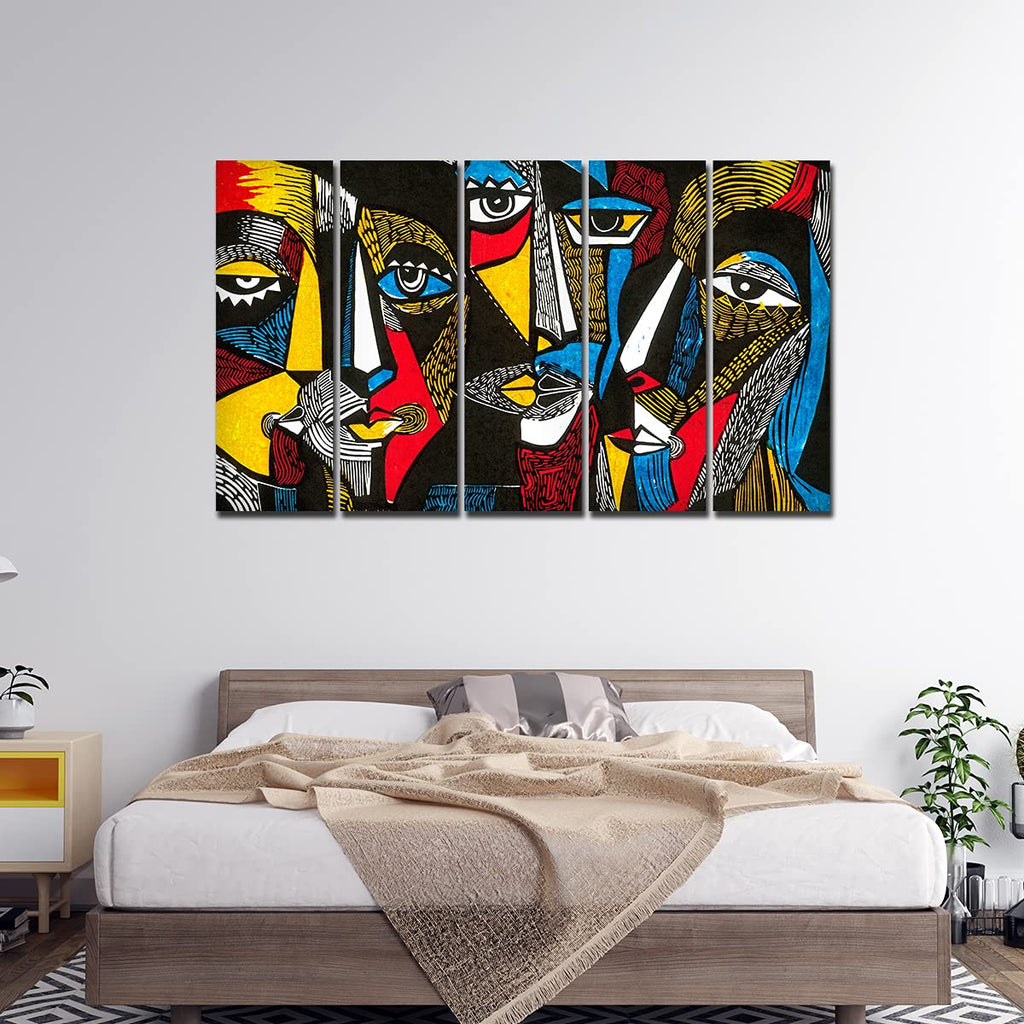 VIBECRAFTS Colorful Abstract Faces 5 Pieces Premium Wall Painting For Home|Office|Living Room|Gift (PTVC5Pcs4_8501)
