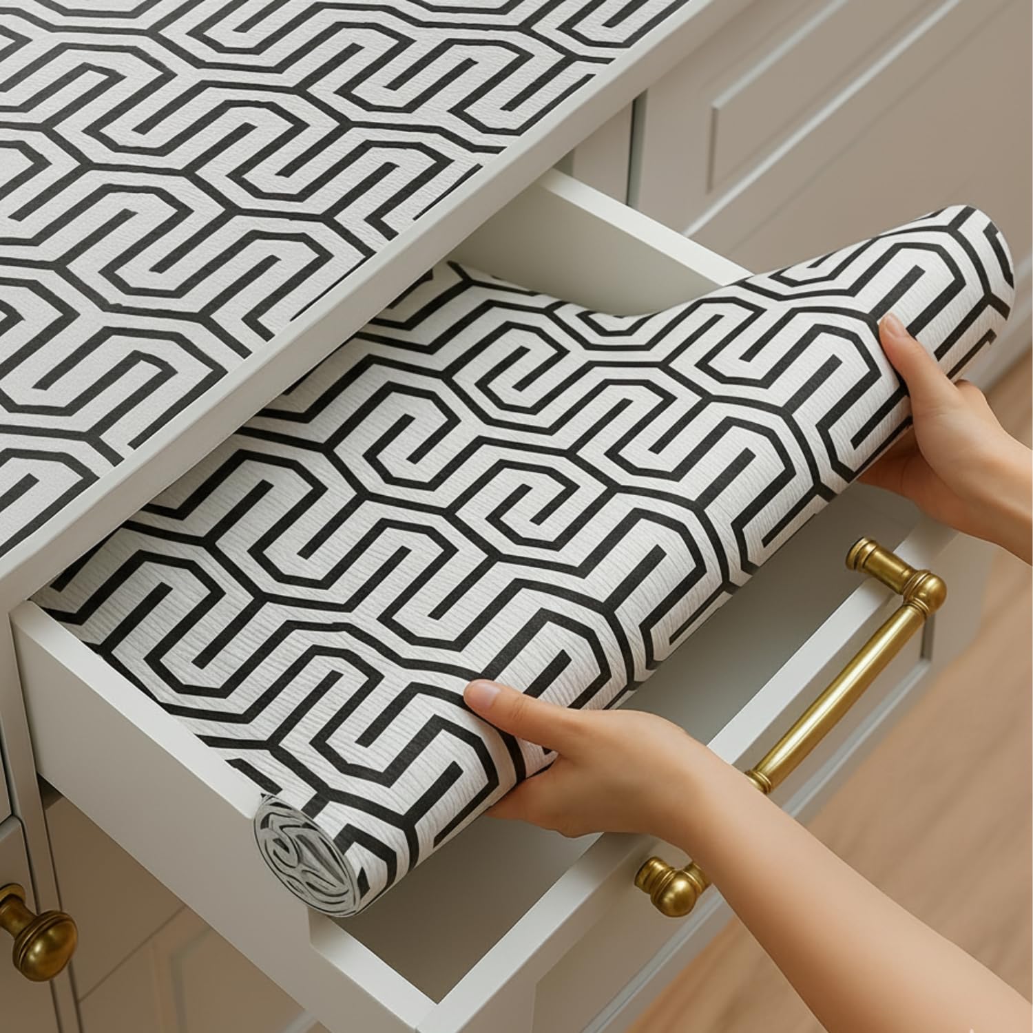 Anti-Slip Waterproof Kitchen Drawer Liner | Non-Adhesive Shelf & Cabinet Mats | Anti-Skid Liner for Wardrobe, Cupboard, and Fridge | 45 cm x 300 cm (White Maze Pattern) Kafalo
