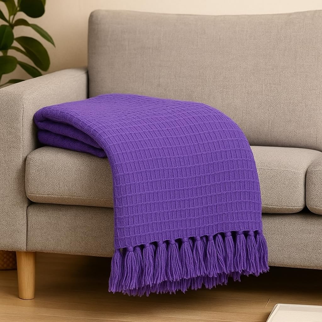 Wisdom Decor Waffle Knit Throw Blanket with Tassels for Sofa & Bed for All Seasons – Lightweight Decorative Cozy Blanket for Living Room & Bedroom (127x152 cm) (Lavender) Kafalo