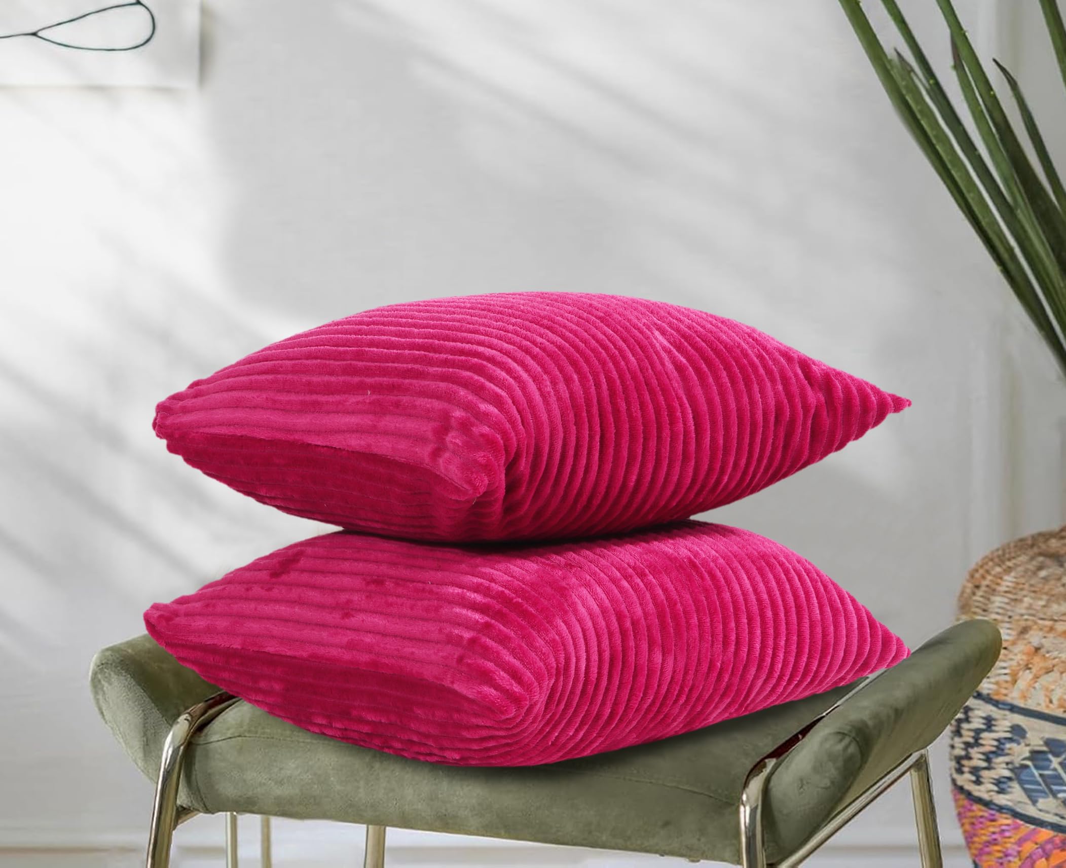 RD TREND® Cushion Cover Set of 2, Decorative Sofa Living Room Home Square Cushion Covers 16 Inch x 16 Inch, Aesthetic Corduroy Striped Double Sided (Magenta)