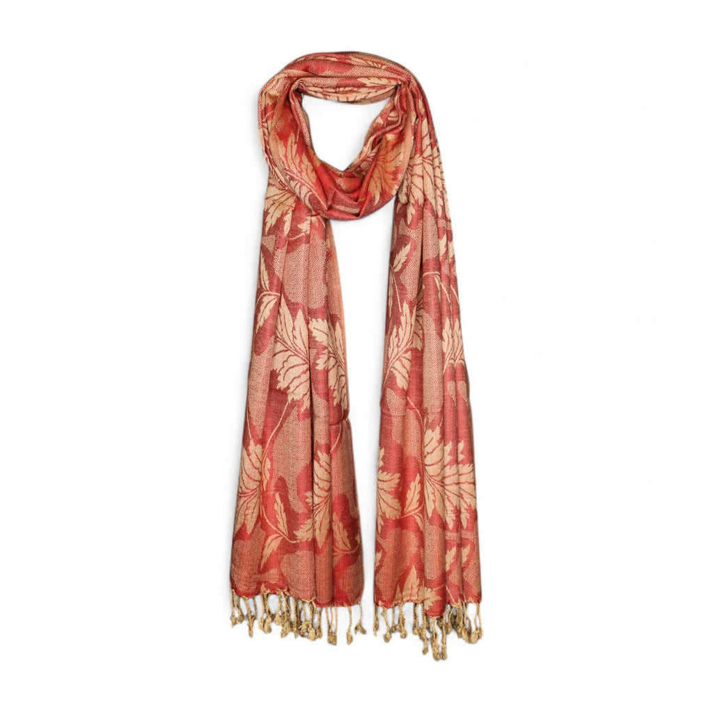 STOLE STUDIO Embellished Leaf Luxurious Viscose Stole Scarf (Beige/Red)