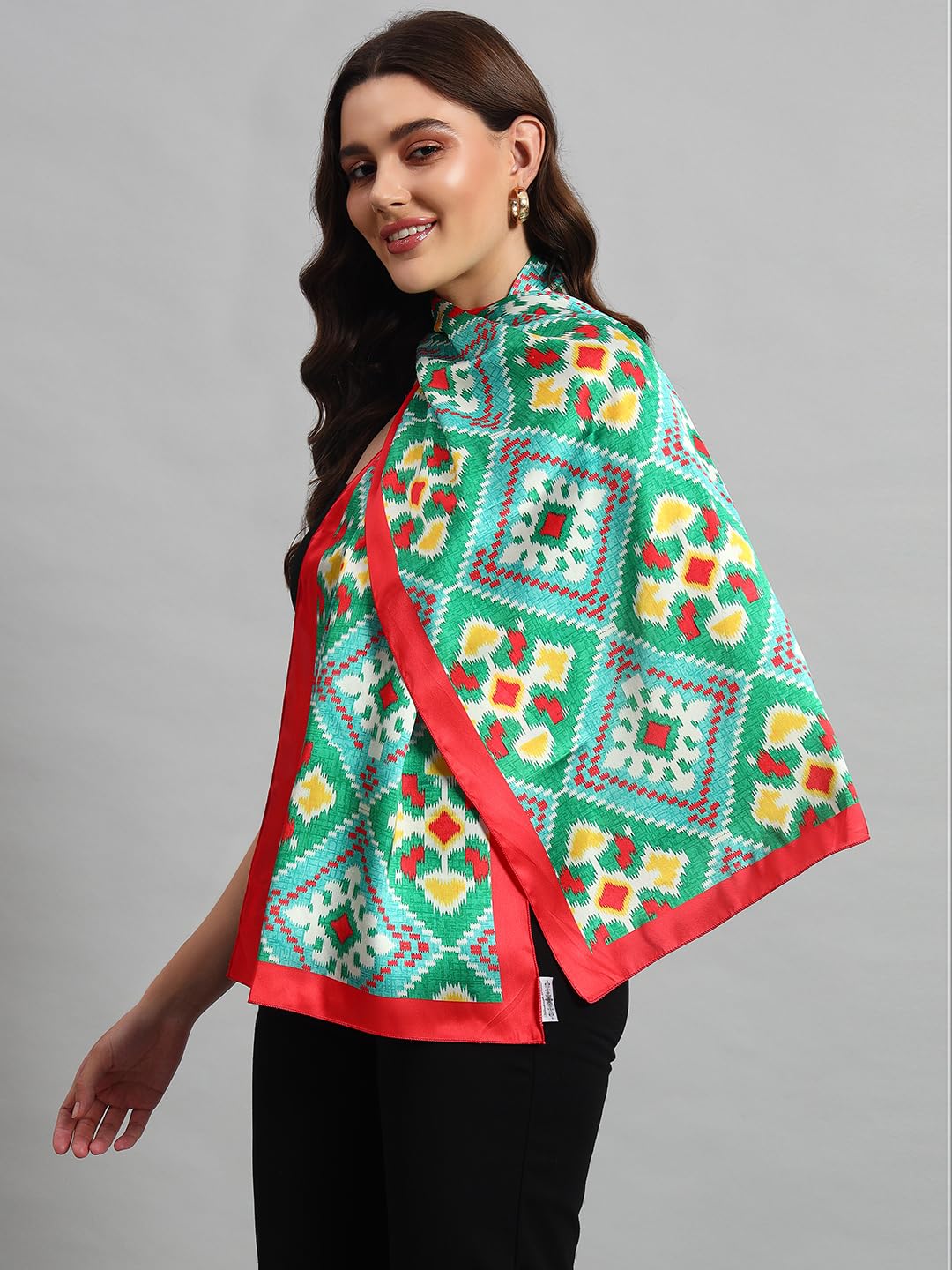 Ravaiyaa - Attitude is everything Women Lightweight Printed 100% Satin Silk Scarf Stoles Breathable Neckerchief Head Beach Wrap Scarves (Red Green Abstract, 70 x 20 Inch)