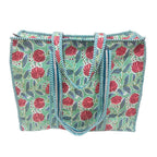 Bazaar Bhoot Edition Premium Cotton Quilted Shopping Tote Bag - Multipurpose Long Lasting Foldable Reusable Bag with zipper for Shopping, Travel & Daily Use - Made in India (Floral Green)