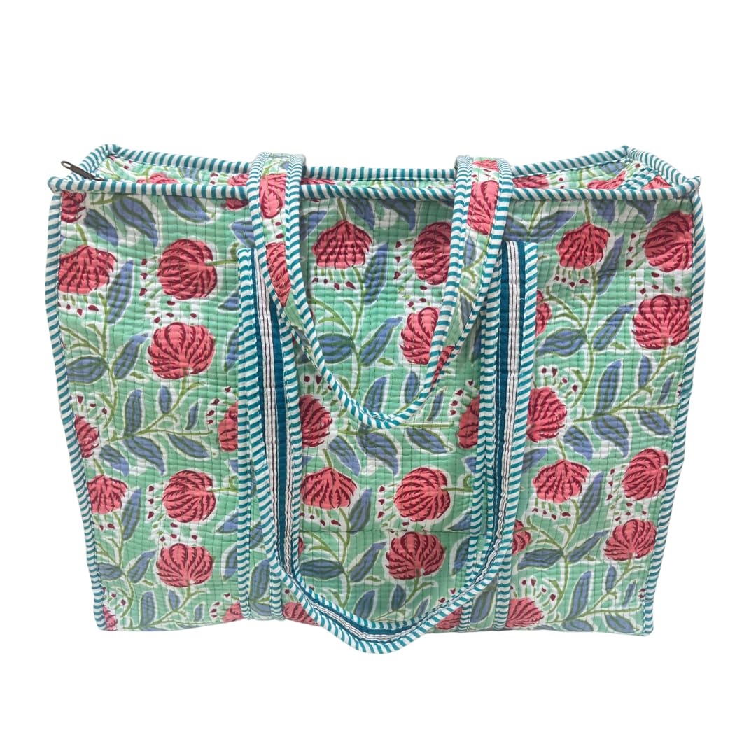 Bazaar Bhoot Edition Premium Cotton Quilted Shopping Tote Bag - Multipurpose Long Lasting Foldable Reusable Bag with zipper for Shopping, Travel & Daily Use - Made in India (Floral Green)