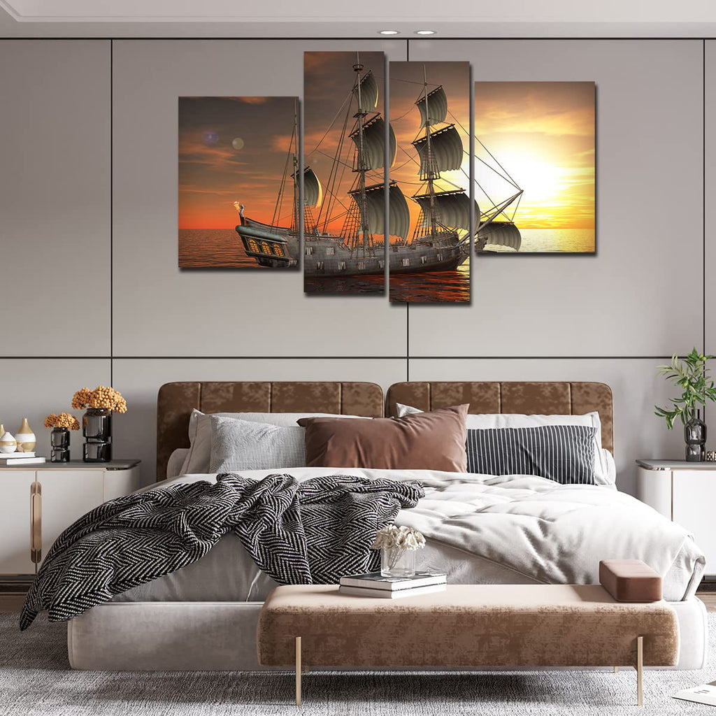 VIBECRAFTS Beautiful Sailing Boat 4 Pieces Canvas Wall Painting Fitted With Wooden Frame For Home | Office | Living Room | Gifts (PTVC4Pcs2_14502N)