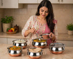 GlamourShop Stainless Steel Copper Base Serving Bowls Handi Set of 5 Pieces, Handi Set with Serving Bowl Set/Cookware Set/Sauce Pot and Handis (5 Handi with Lid's)