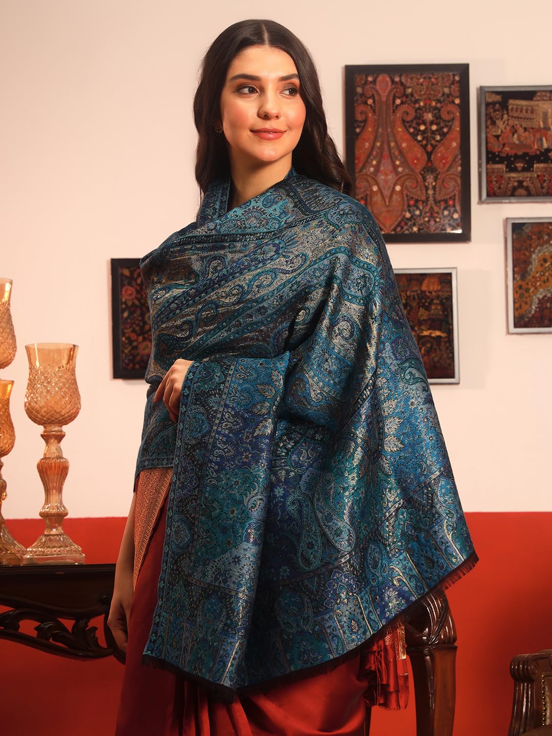 Pashmoda Women Naazneen Kaani Wool Blend Kashmiri Zari Shawl (Size: 40x80in, 101x203cm) ZSS09