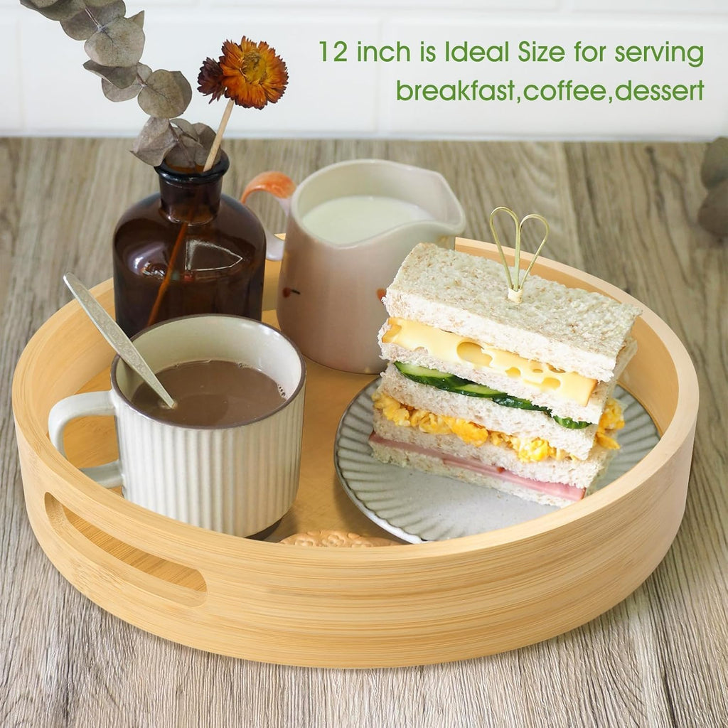 Acacia Wood Platter Boards Long Decorative Trays Home Decor Cheese Board Wooden Serving Platters for Cookie, Snack, Dessert, Food Dish Cake Appetizer Plates (Round Serving Wooden 12inch)