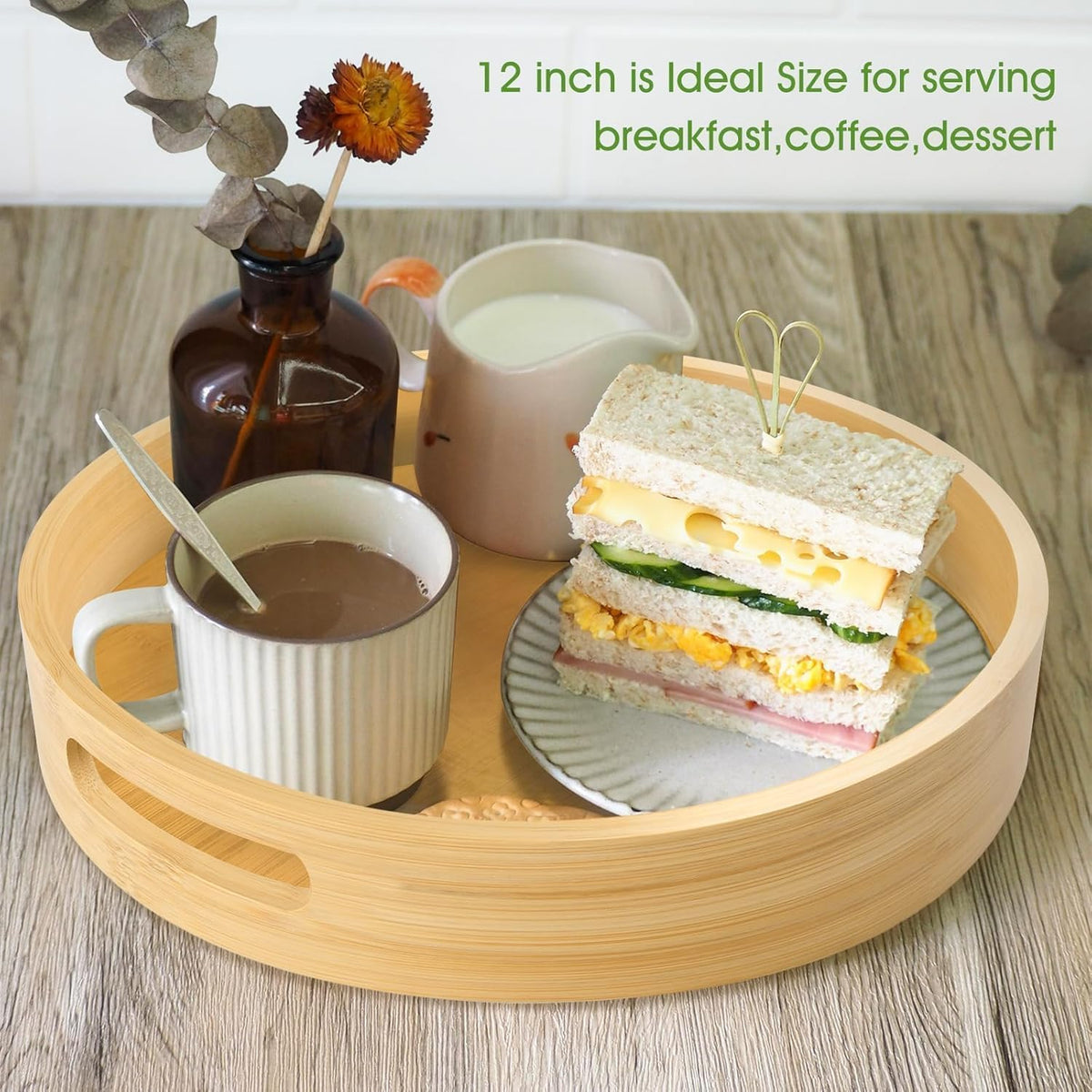 Acacia Wood Platter Boards Long Decorative Trays Home Decor Cheese Board Wooden Serving Platters for Cookie, Snack, Dessert, Food Dish Cake Appetizer Plates (Round Serving Wooden 12inch)