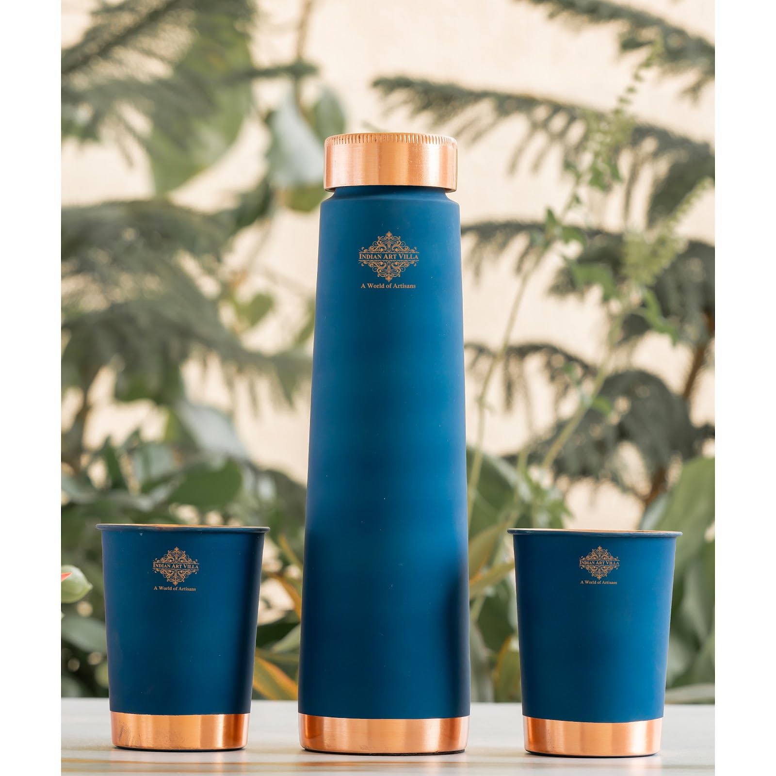 INDIAN ART VILLA Copper Bottle & Glass Gift Set - 800 ml Water Bottle & 2 Glasses (300 ml Each) - Peacock Blue Pyramid Ombre Silk Finish, Perfect for Gifting & Everyday Use