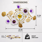 Mahira Artefacts Luxury Gold Metal Floral Wall Clock with Purple & White Flowers with White and Gold Dial | Modern Silent Decorative Wall Clock for Living Room, Bedroom, Dining Room, Hall & Office