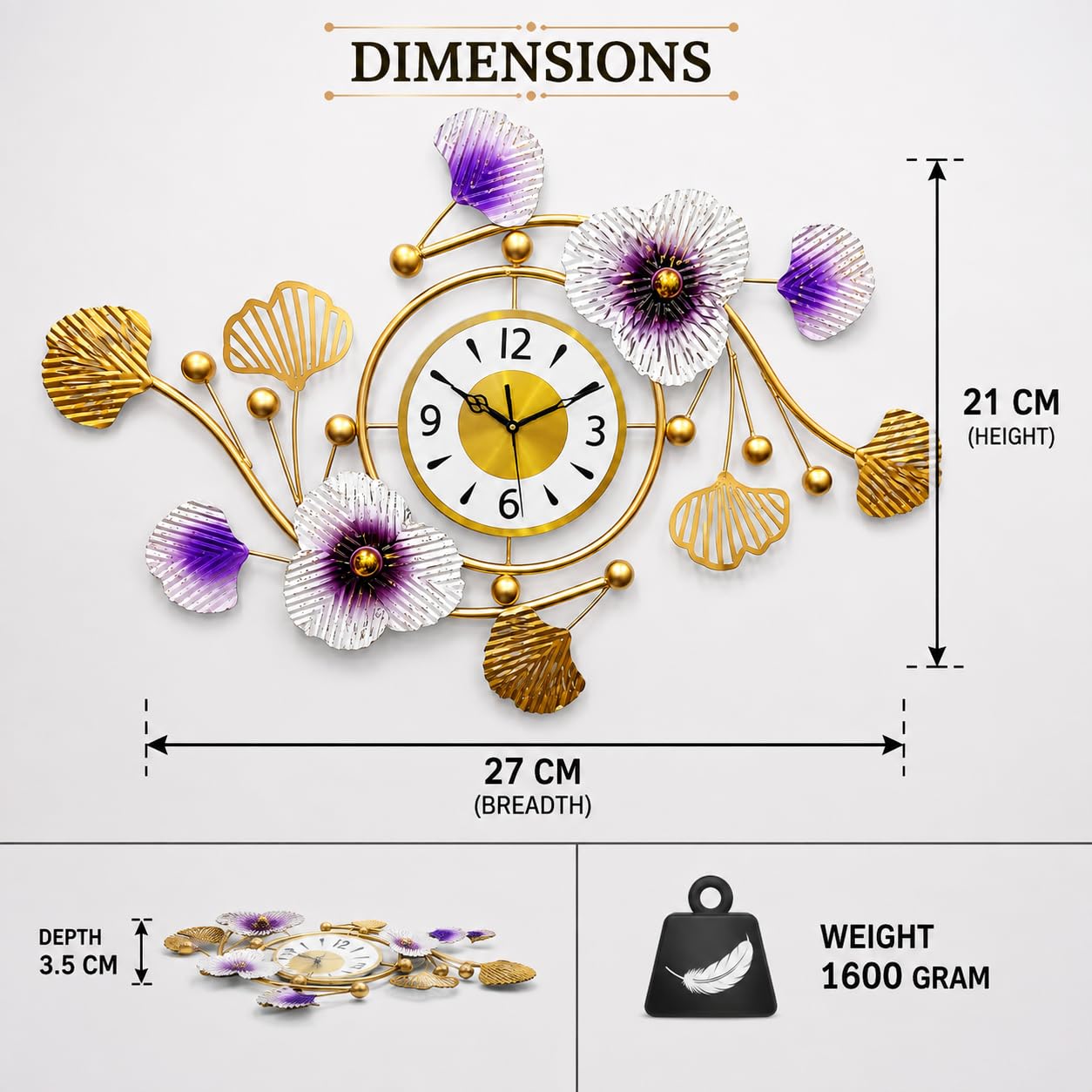 Mahira Artefacts Luxury Gold Metal Floral Wall Clock with Purple & White Flowers with White and Gold Dial | Modern Silent Decorative Wall Clock for Living Room, Bedroom, Dining Room, Hall & Office