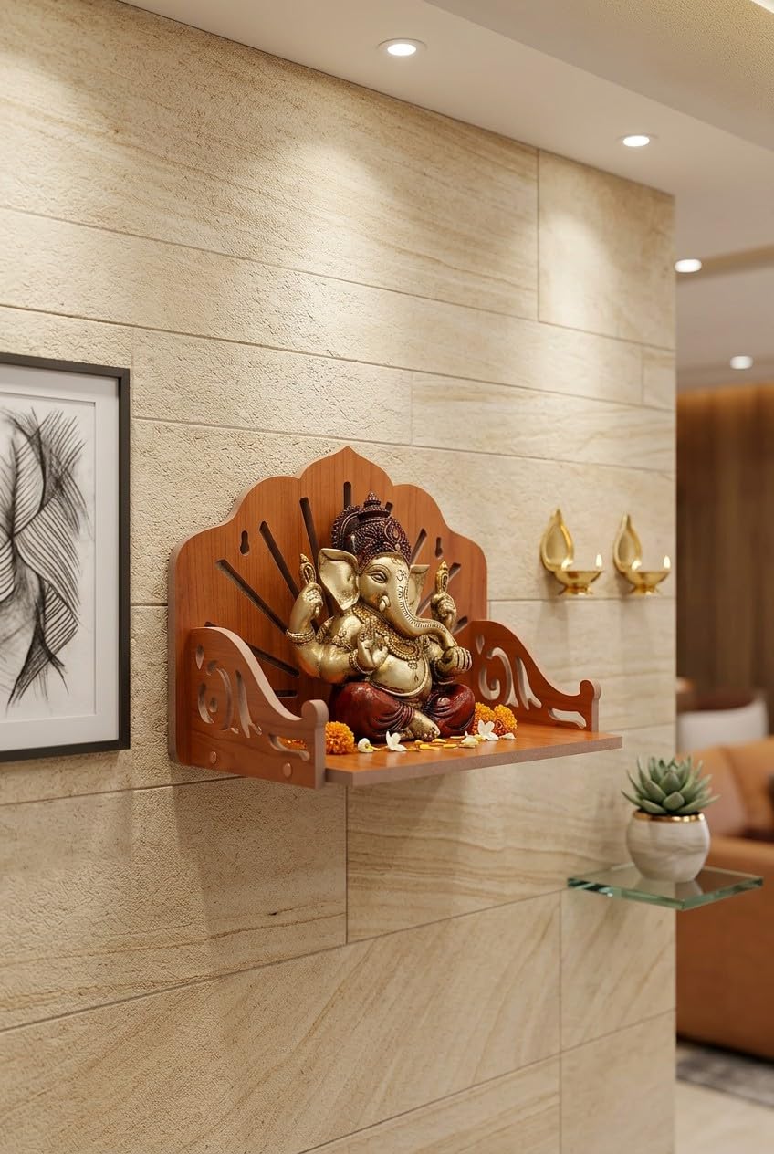 Premium Teak Wood Wall Mounted Pooja Mandir for Home | Wooden Temple with Sunray Laser Cut Design | Compact Wall Hanging Shelf for Idol, Diya & Prasad | Traditional Home Decor