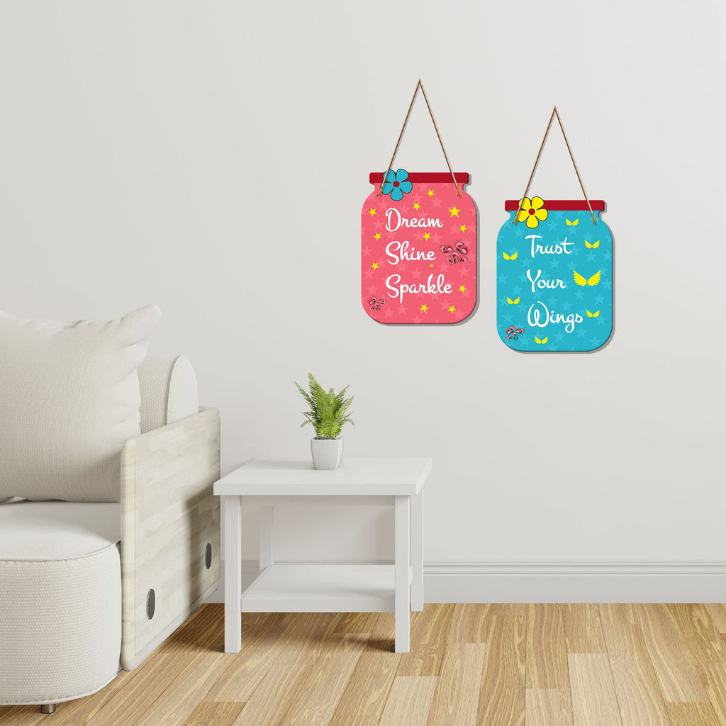 Artvibes Dream Shine Sparkle Quote Printed Wooden Wall Hanging | Quotes Decor Item | Motivational Wall Decor | Wall Poster | Graphic Art | Gift Items | Office Wall Decoration Item (WH_6804N), Set of 2