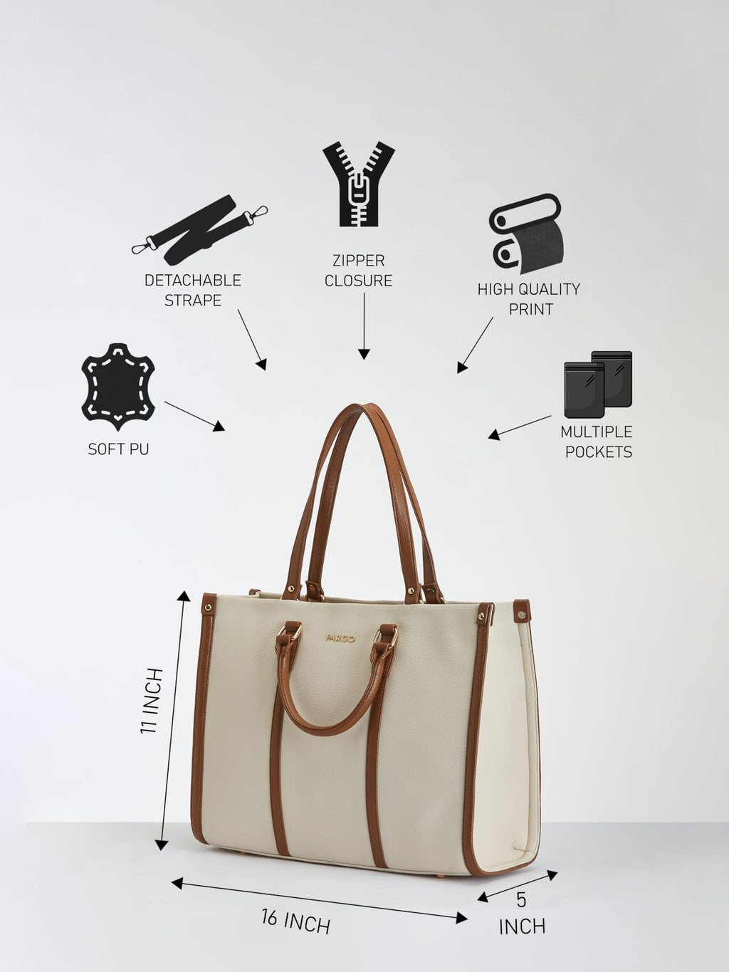 Fargo Iconic Tote Bag for Women | Vegan Leather Handbag with 15-Inch Laptop Compartment, Smooth Zip, Luxury Look | Stylish Office, College & Travel Tote | Made in India (Ivory)