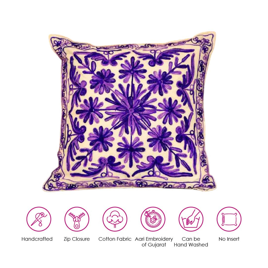 ATRANGI STUDIO Embroidered Cushion Covers - Set of 2 | Traditional Aari Embroidery | Threadwork Throw Pillow Covers with Zip Closure | Perfect for Sofa, Bed, Chair | 16x16 Inch, Violet Vibes