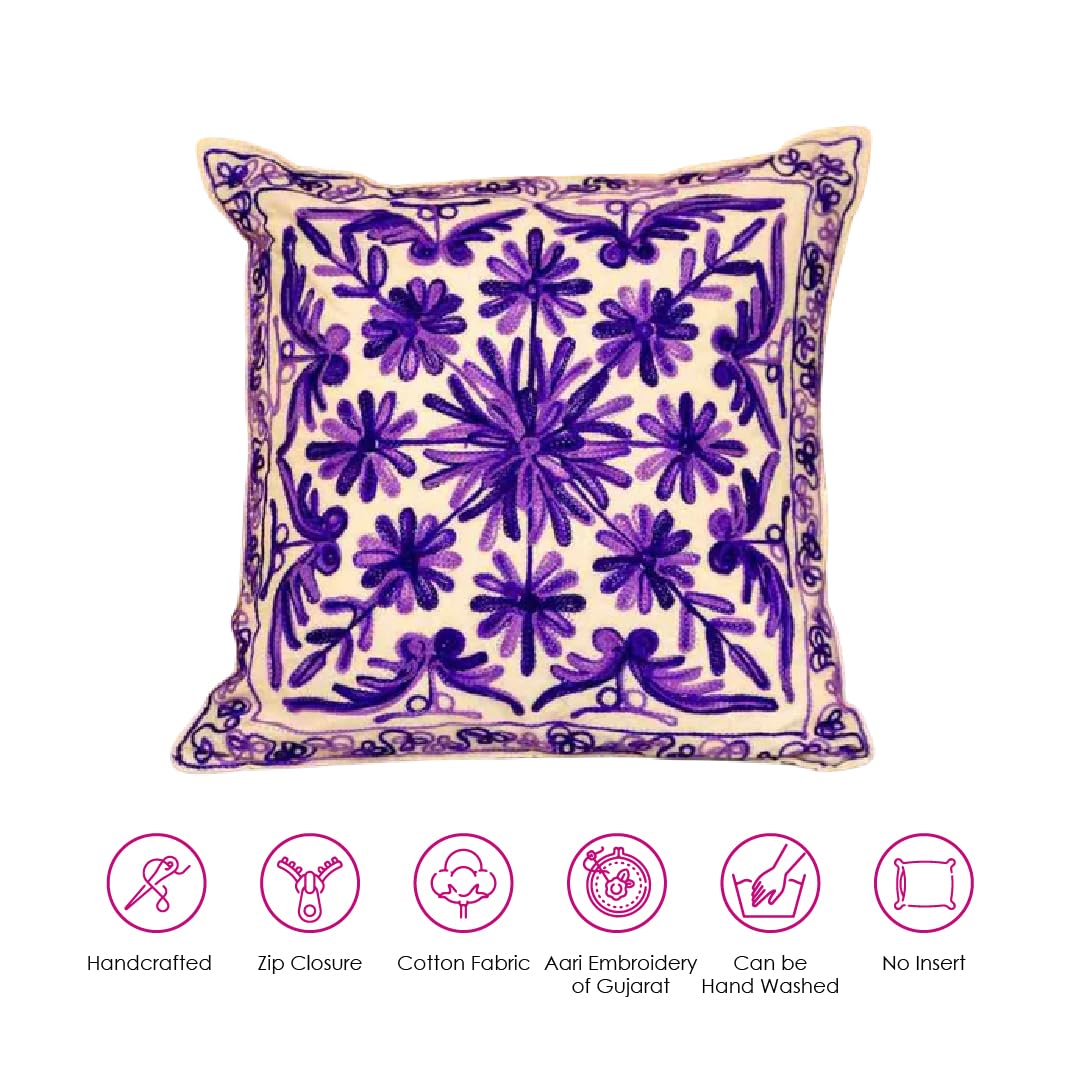 ATRANGI STUDIO Embroidered Cushion Covers - Set of 2 | Traditional Aari Embroidery | Threadwork Throw Pillow Covers with Zip Closure | Perfect for Sofa, Bed, Chair | 16x16 Inch, Violet Vibes