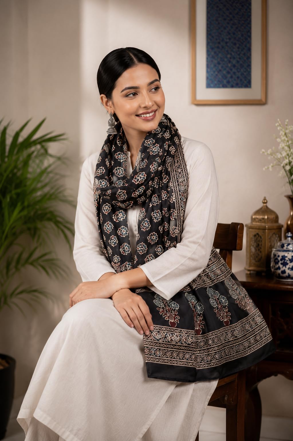 NK Textiles Women's Ajrakh Batik Hand Block Print Pure Mul Cotton Scarf/Stole (22x72)