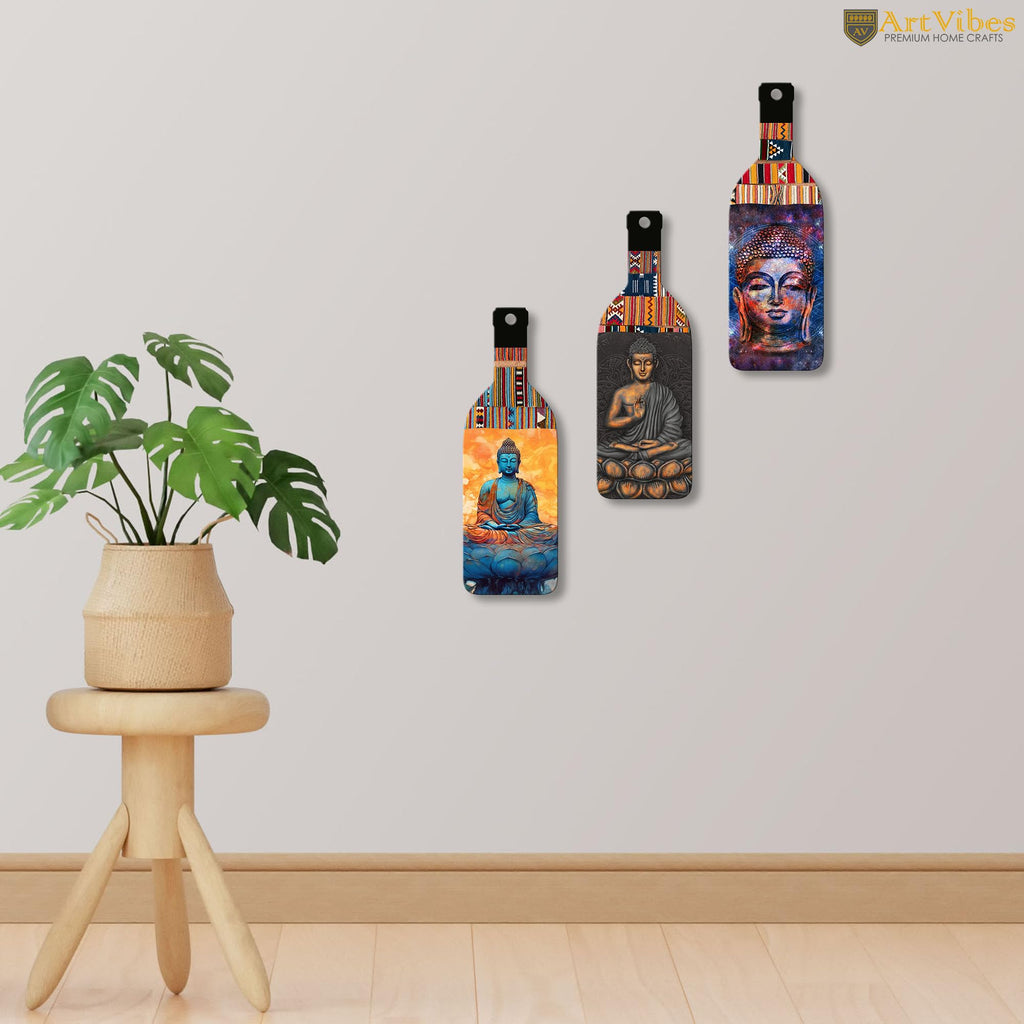Artvibes Meditating Gautam Buddha Decor Bottle shaped Wooden Wall Hanging | Spiritual Decor Items | Wall Art Painting For Hall | Wall Paintings | Handcrafted Art | Gift Items (WH_9502N), Set of 3