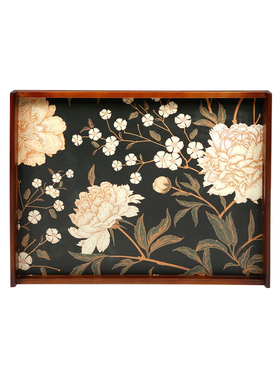Reinvention Factory Wooden Large Serving Tray Teak Wood 12x16 inch with Handles | Black Floral Multipurpose Tray for Tea Coffee Breakfast | Decorative Tray for Kitchen Dining Home Office