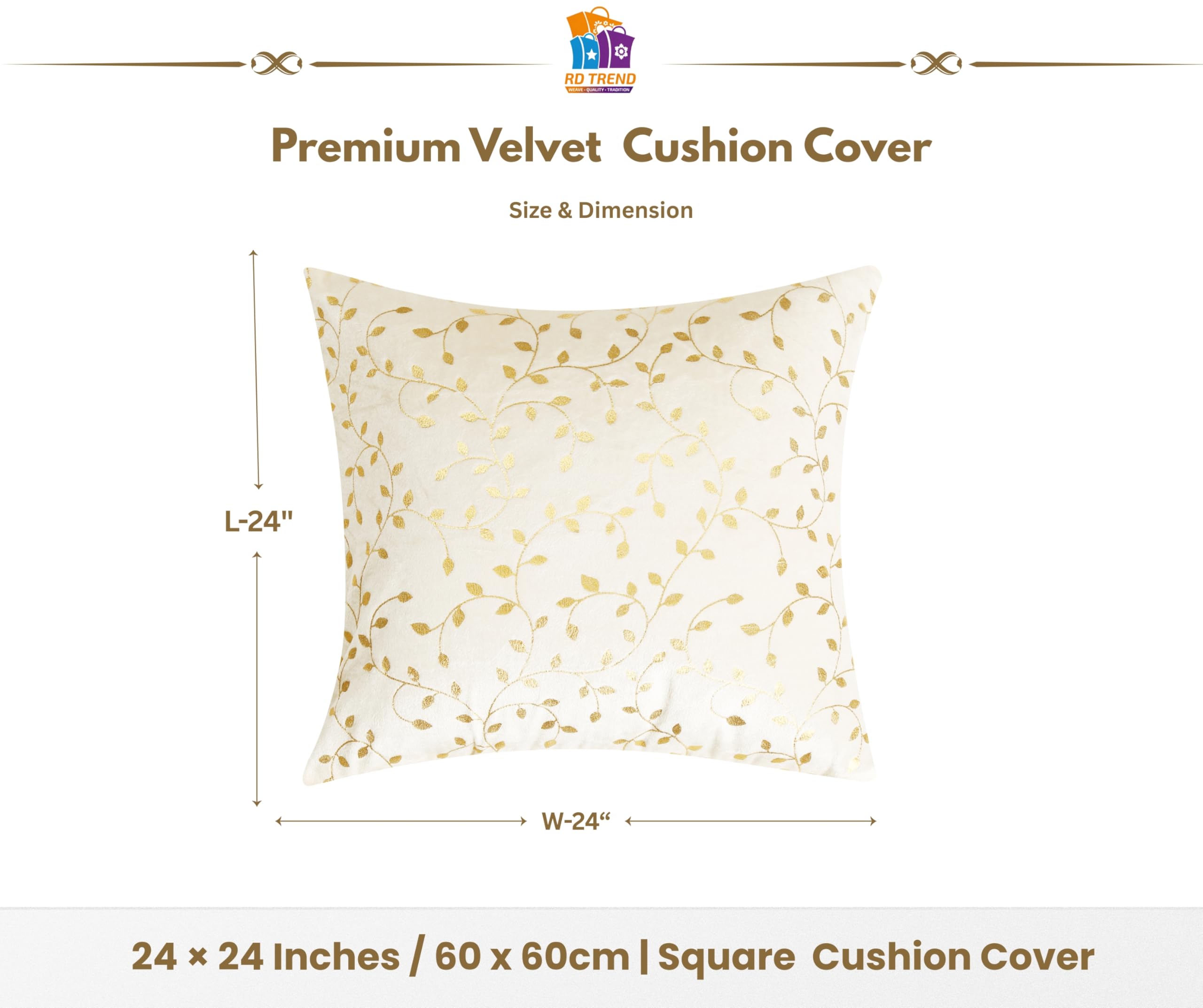 RD TREND Velvet Cushion Covers, 60 x 60 cm/24 x 24 inches,Pack of 2,250 TC, Back Zipper (Cream)