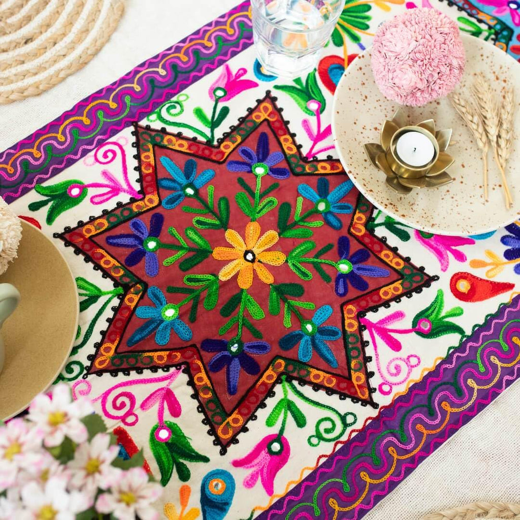 ATRANGI STUDIO Flower Embroidered Table Runner | Handcrafted Traditional Aari Work Table Cloth | Cotton Table Runner with Mirror Accents for Dining & Home Decor | 58 x 19 Inch, Multicolour