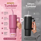 enem Tumbler, Rose Dusk, Tumbler with Metal Straw, Sipper, with Lid Leak Proof, 1 Metal Ice Cube, 1 Copper Spring (Tamba), Base Protector (Black/White), Mug Travel, 1.2L