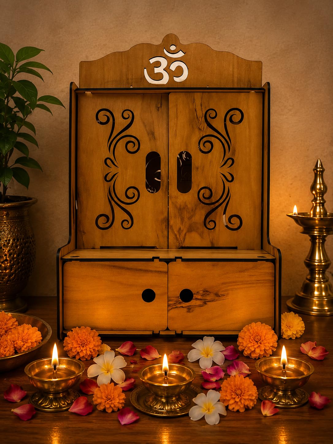 EXPRO Wooden Pooja Mandir with OMWITHJAALI Cut Decorative with Door Engineered Wood Home Temple