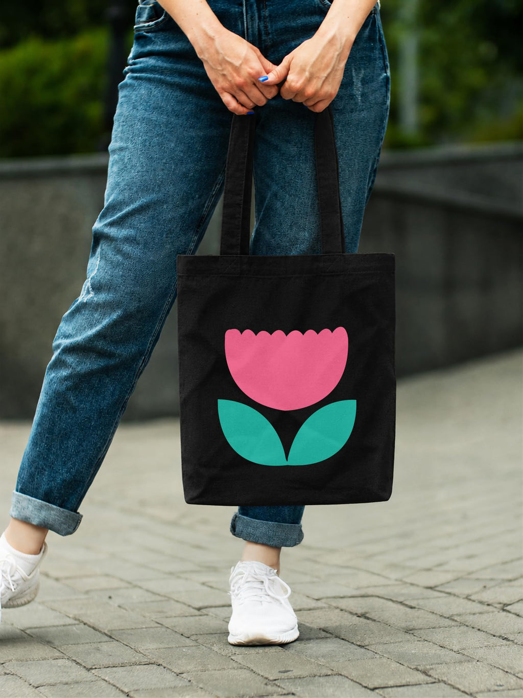 DOODLE Canvas Tote Bag for Women with Zip – Minimal Floral Tulip Printed Poly Cotton Shoulder Bag with Outer & Inner Zip Pocket for College, Office, Shopping & Travel