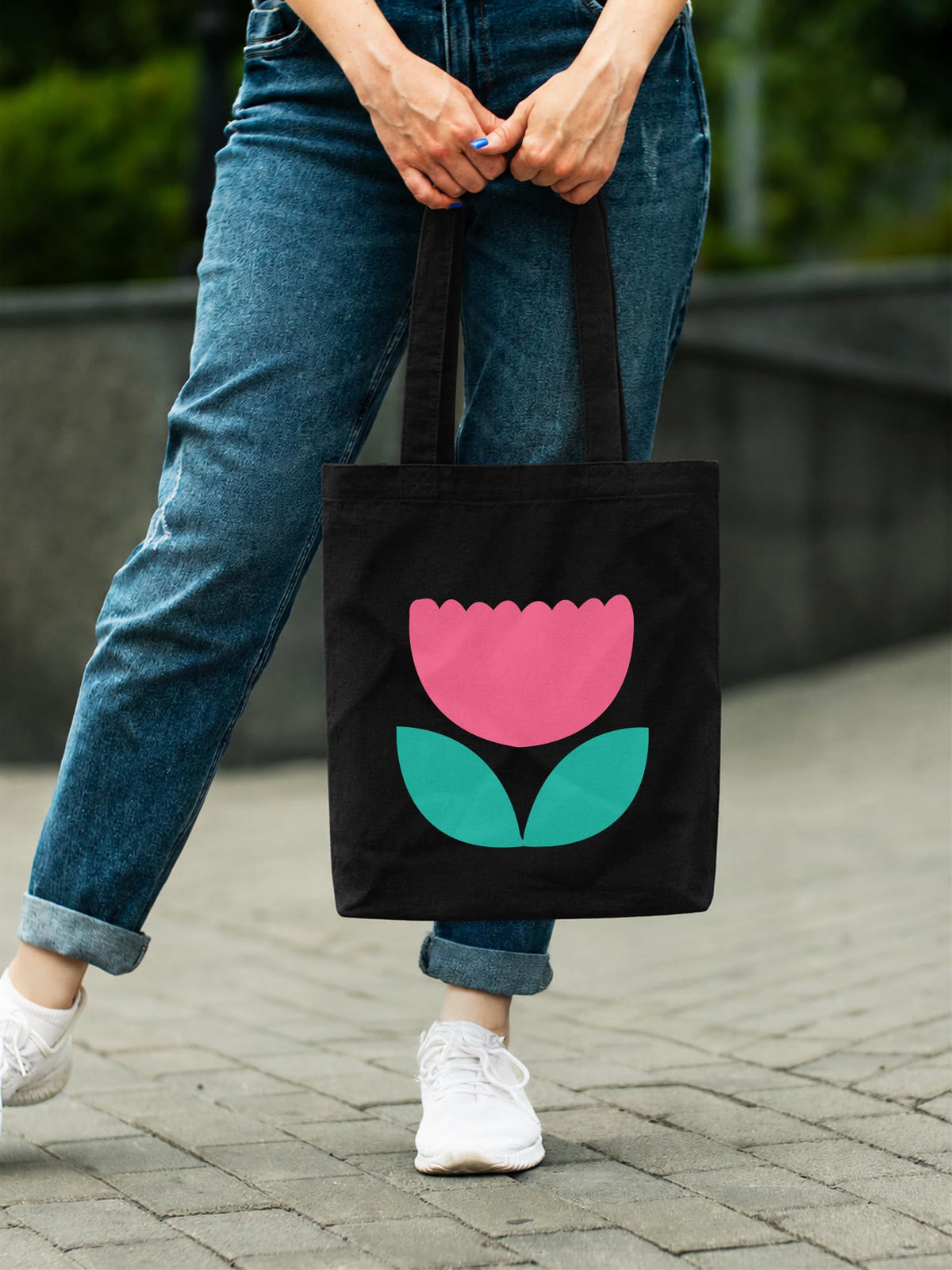 DOODLE Canvas Tote Bag for Women with Zip – Minimal Floral Tulip Printed Poly Cotton Shoulder Bag with Outer & Inner Zip Pocket for College, Office, Shopping & Travel