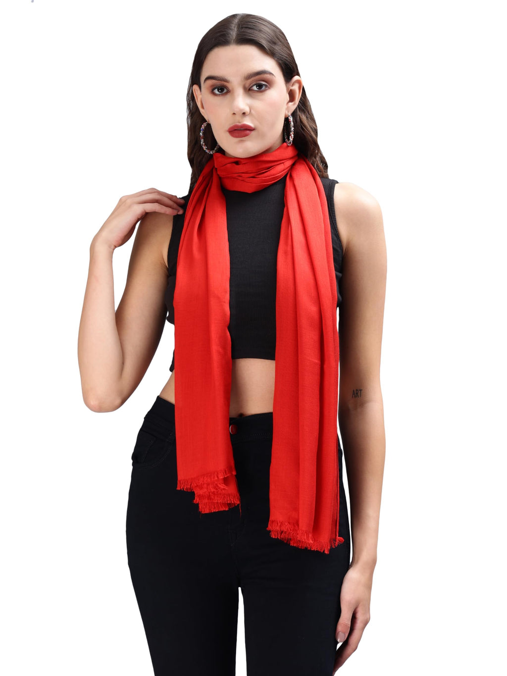 Aditi Wasan Women's Casual Solid 100% Viscose Fancy Soft & Skin-Friendly Wrap/Scarf/Stole Dupatta for women with Tasal Work Suitable for Every Season, Red