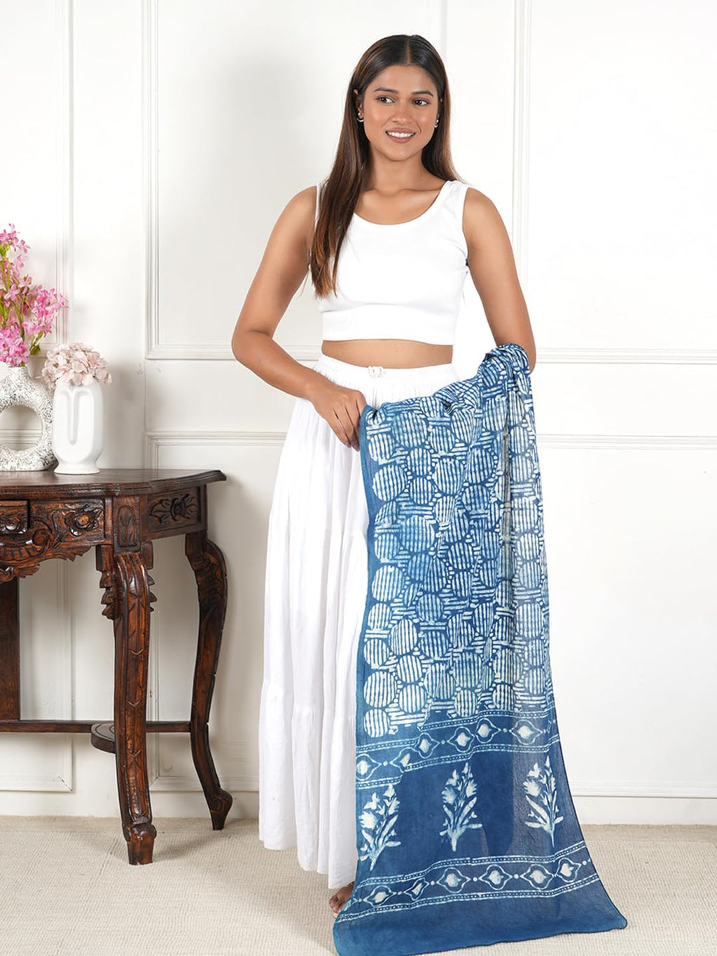 Gutthi Women's Cotton Stoles | Scarf Lightweight & Comfortable for All Seasons, Size (100X180 CM) (Blue)