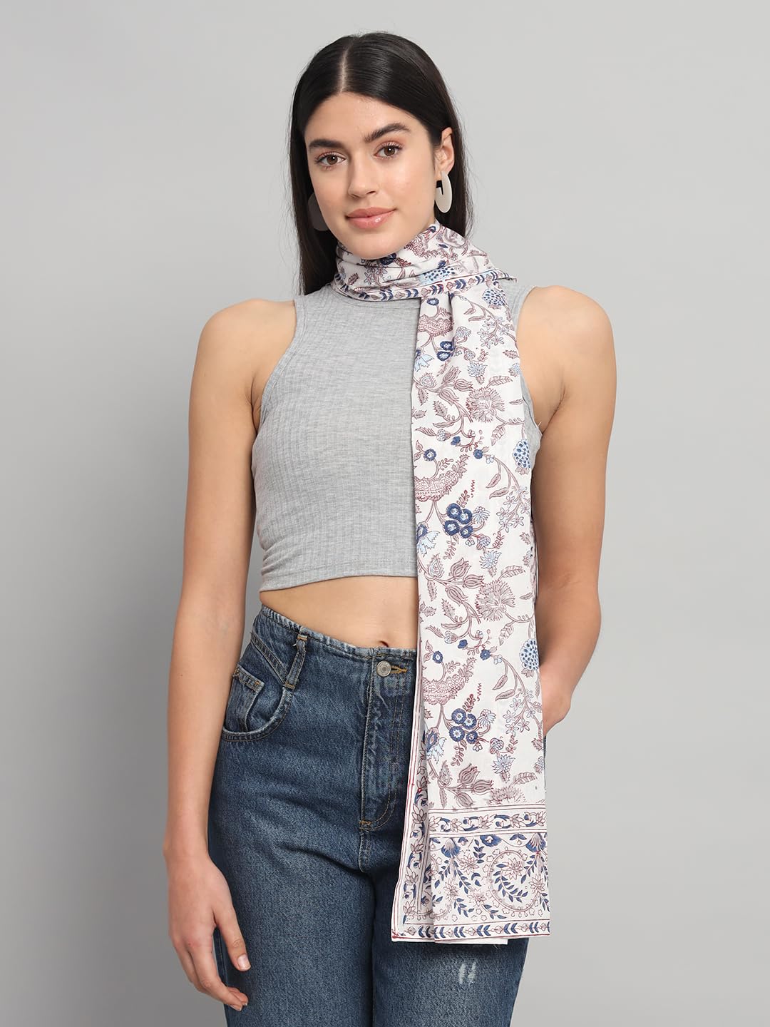 Ravaiyaa - Attitude is everything Women White & Multi Hand Block Floral Printed Cotton Scarf 71 X 21 Inch