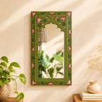 ATRANGI STUDIO Tropical Green Handpainted Wooden Mirror | Handcrafted Arch Design with Floral Motifs | Rajasthani Traditional Jharokha Style Mirror | Framed Wall Hanging for Home, Bedroom |18x9.5 Inch