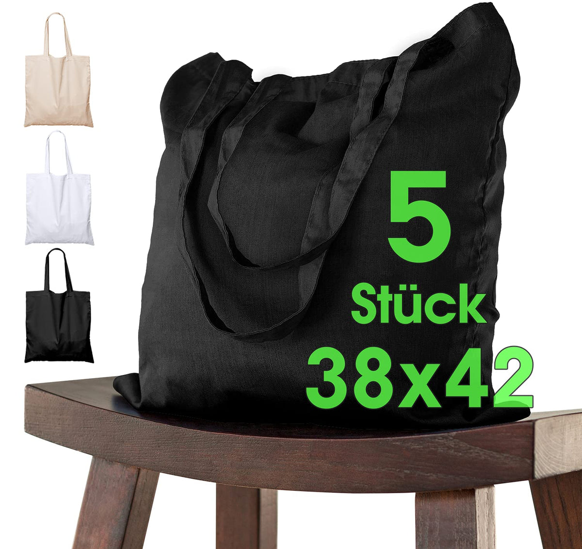 ELES VIDA Cotton bag 38x42cm, unprinted, two long handles OEKO-TEX® certified Fabric bag, carry bag, cotton bag, shopping bag, jute bag, fabric bag shopping bag for painting, Black | 5 Pieces, 38x42