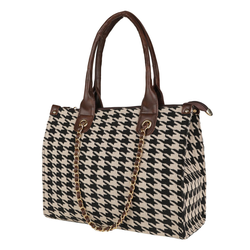MINI WESST Women's Printed Synthetic Leather Tote Bag for Office, College and Party (Black) (Brown Black check)
