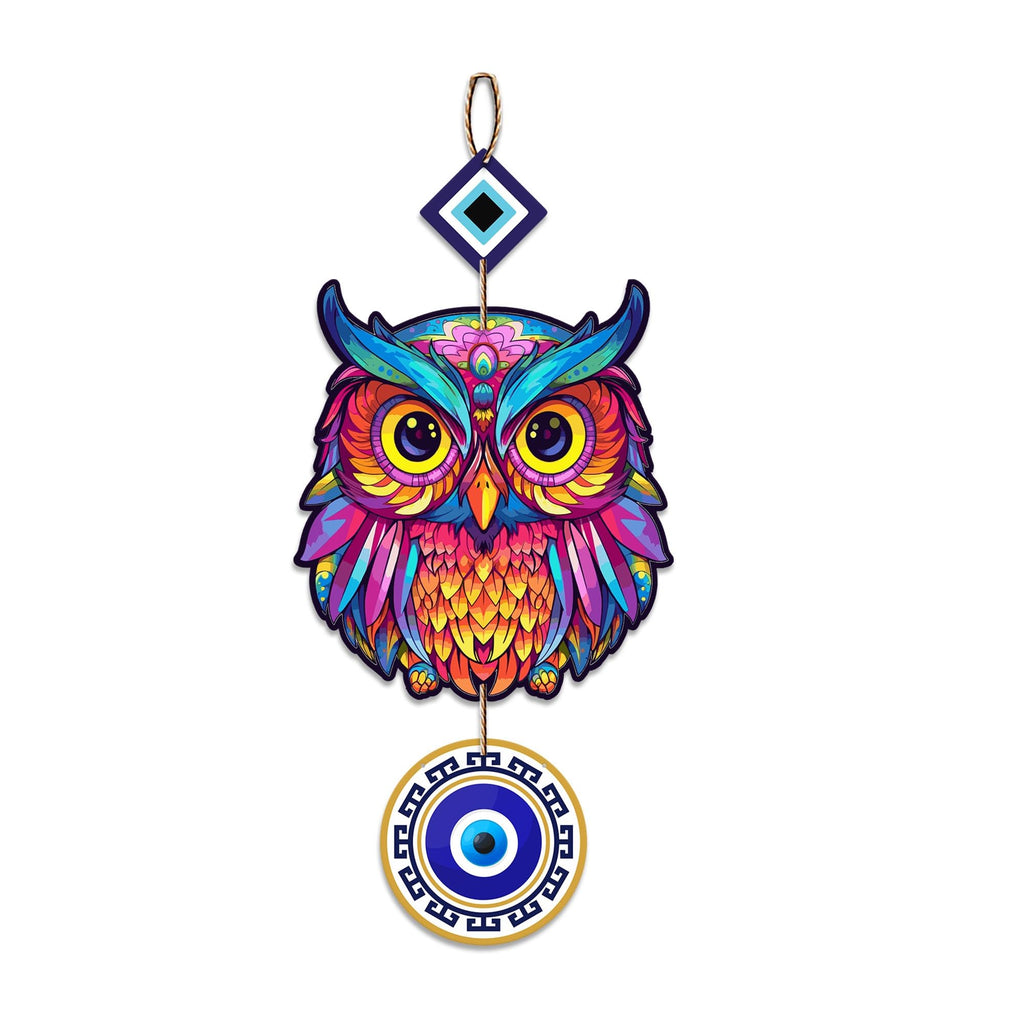Artvibes Owl and Evil Eye Wooden Wall Hanging For Good Fortune For Home Decoration | Livingroom | Spiritual Decor Items | Wall Illustrations | Ethnic Wall Decor | Wall Art Print (WH_8507NN)