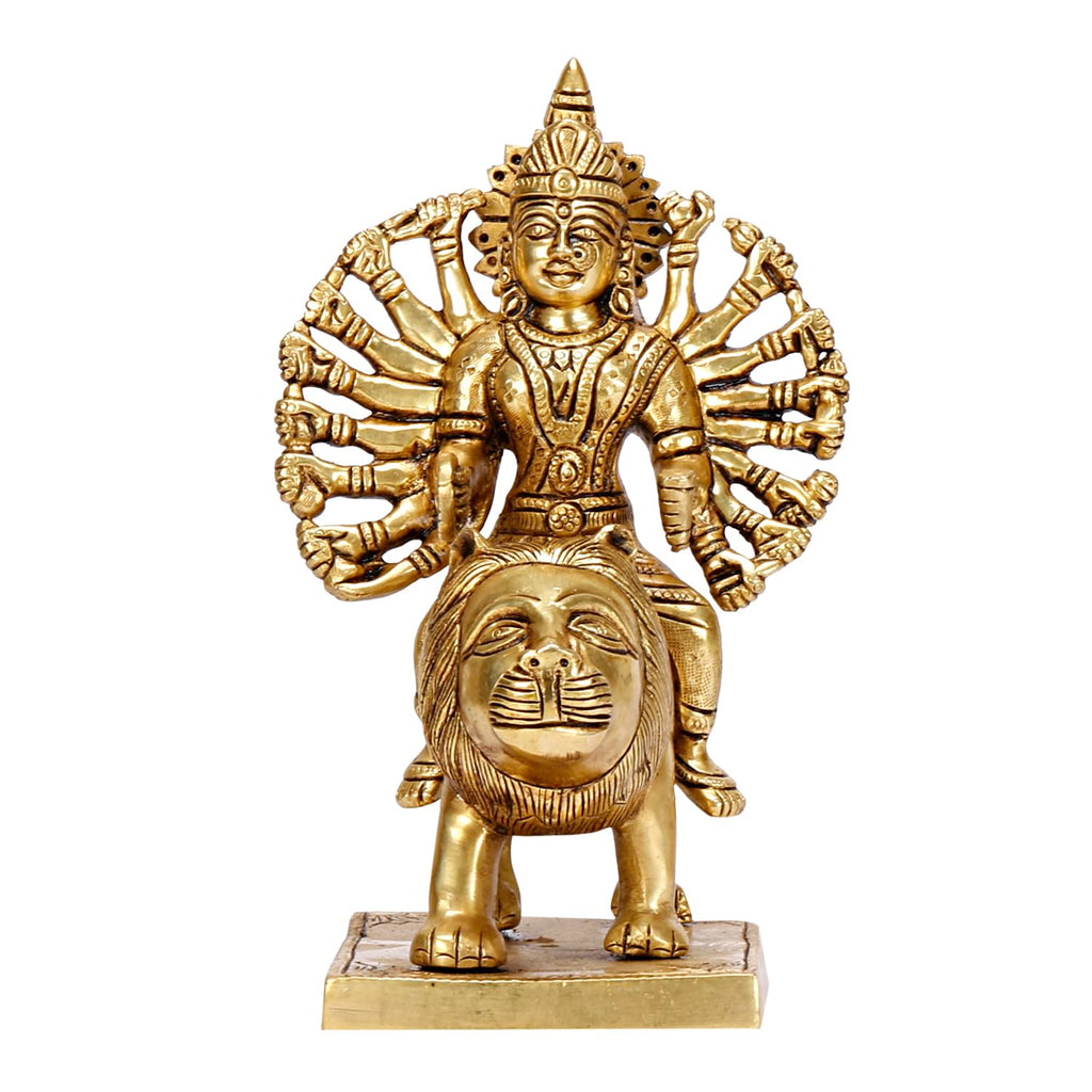 ARTVARKO Brass Maa Durga Idol Sitting On Lion Ma Sherwali Murti Vaishno Devi Modeshwari MATA Statue for Home Mandir Office Navratra Puja 9 Inch