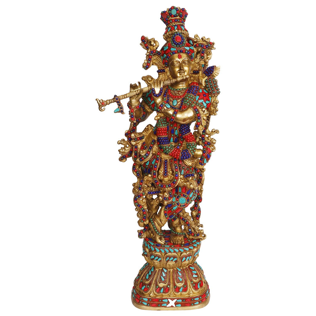 ARTVARKO Lord Murli Manohar Krishna Krishan Statue with Brass Inlay Handwork Murti Gift & Home Décor Big Size- Height 29 Inches