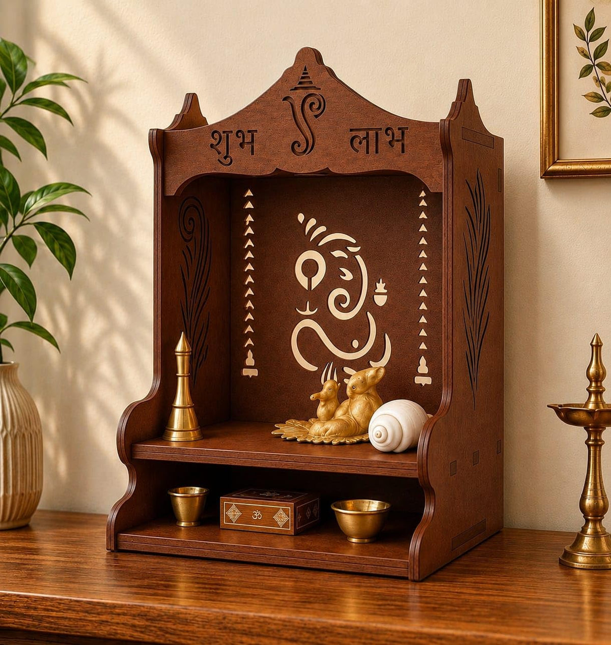 Wooden Pooja Mandir for Home, Pine Wood Temple, Decorative Hindu Mandir with Storage Shelf for Puja Room & Living Room Decor (32X26X20 Cms, Natural Wood Brown, Ganesha)