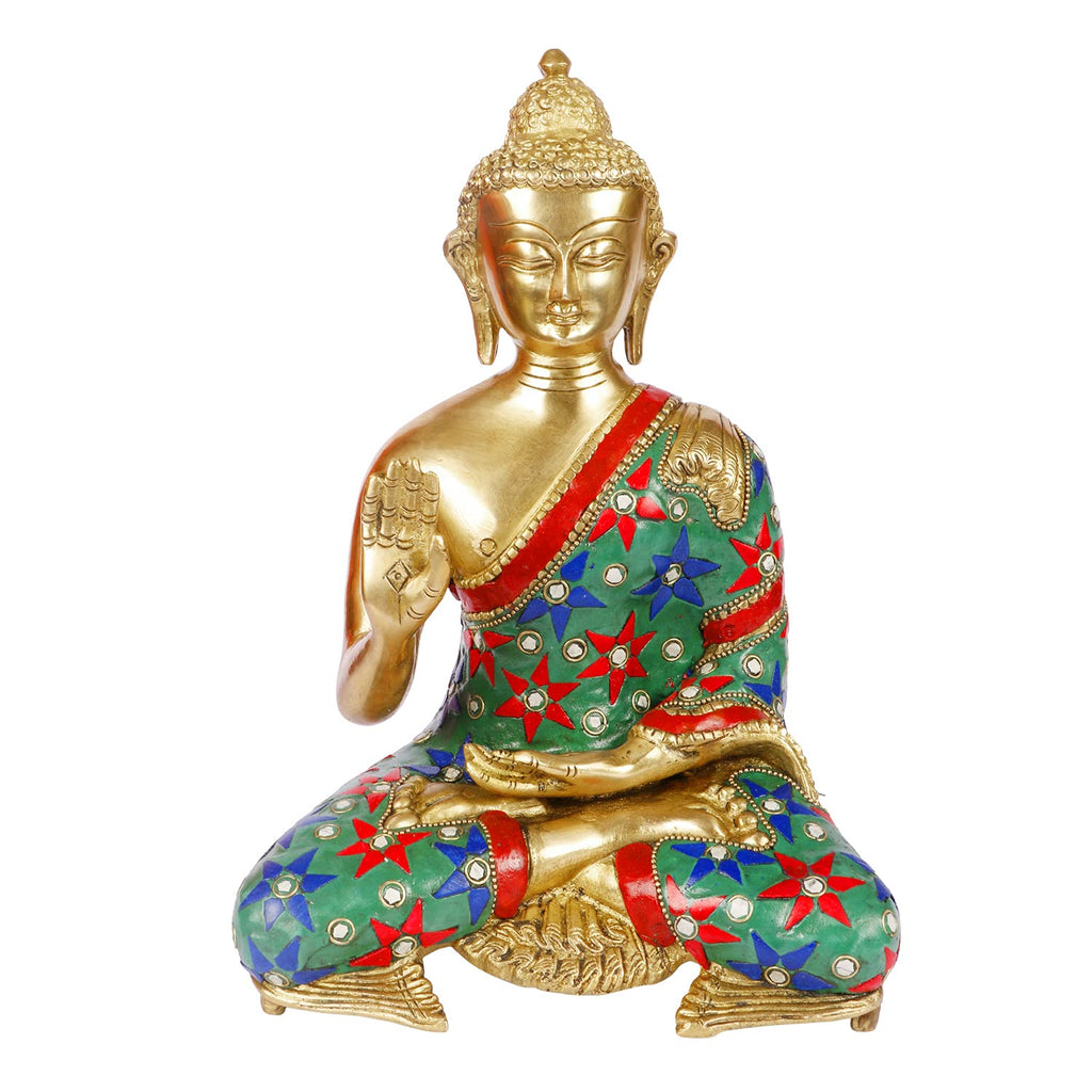 ARTVARKO Buddha Statue Brass with Inlay Work Gifting Vastu Feng Shui Home Decor Sculpture 11 Inches