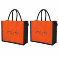 Srgaly Unisex-Adult Orange and Black,Quote Printed Jute Bag for Lunch, Office, Grocery, Picnic, Tiffin, Shopping Hand Bag with Padded Cotton Handles - Pack of 2