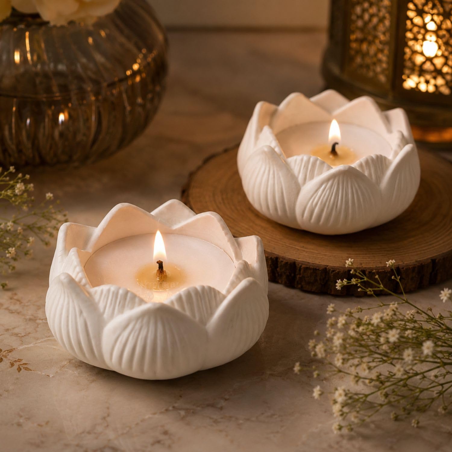 FairyBucket™ Lotus Scented Candle with Reusable Concrete Tea Light Holder | Vanilla Fragrance Soy Wax Candle | Handcrafted White Lotus Candles for Home Decor, Bedroom, Living Room & Gifting