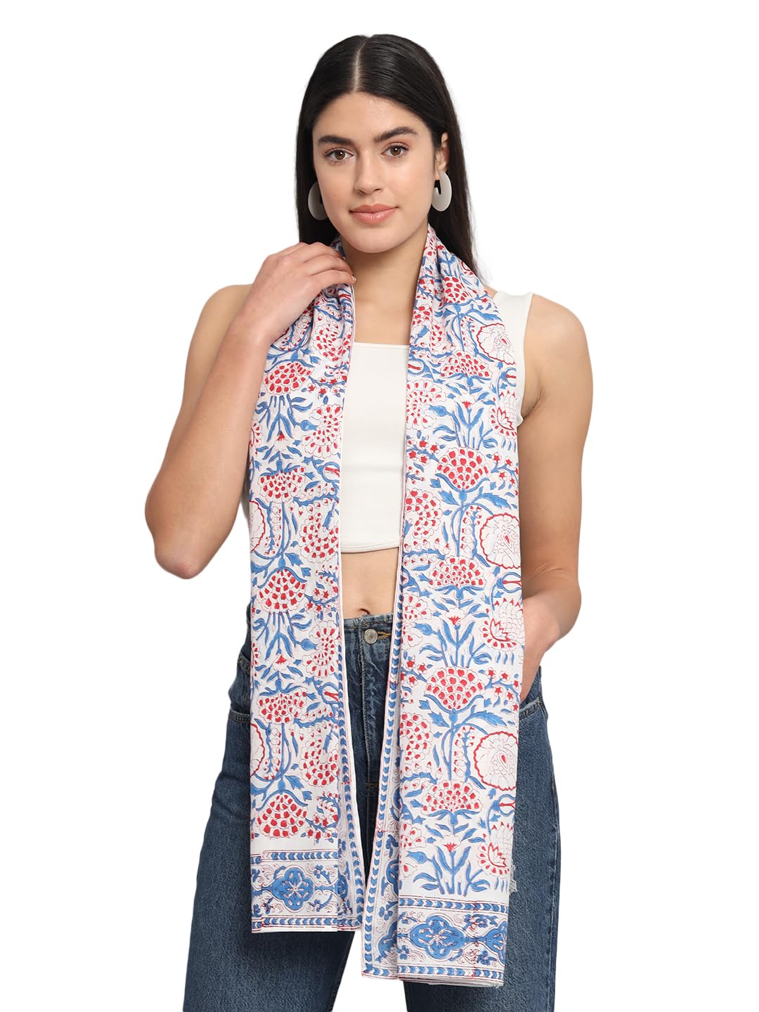 Ravaiyaa - Attitude is everything Female Cotton Women White & Red Hand Block Floral Printed Scarf 71 X 21 Inch